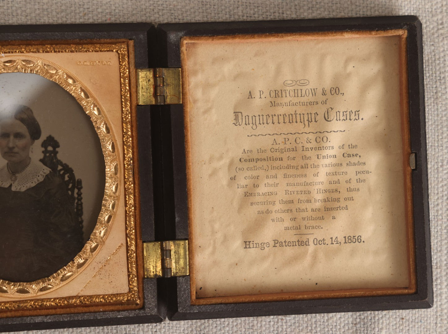 Lot 068 - Pair Of Antique 1/6th Plate Spherotype Ambrotype Photographs By C.L. Howe, Married Couple, In Double Thermoplastic Union Case By A.P. Critchlow & Co.