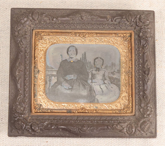 Lot 069 - Antique 1/6th Plate Ambrotype Photograph, Mother And Daughter, In Thermoplastic Wall Frame With Hand-Tinted Gold Jewelry