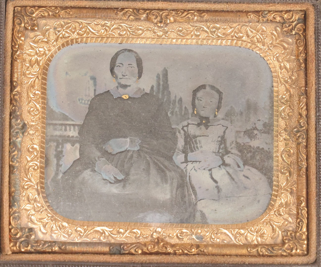 Lot 069 - Antique 1/6th Plate Ambrotype Photograph, Mother And Daughter, In Thermoplastic Wall Frame With Hand-Tinted Gold Jewelry