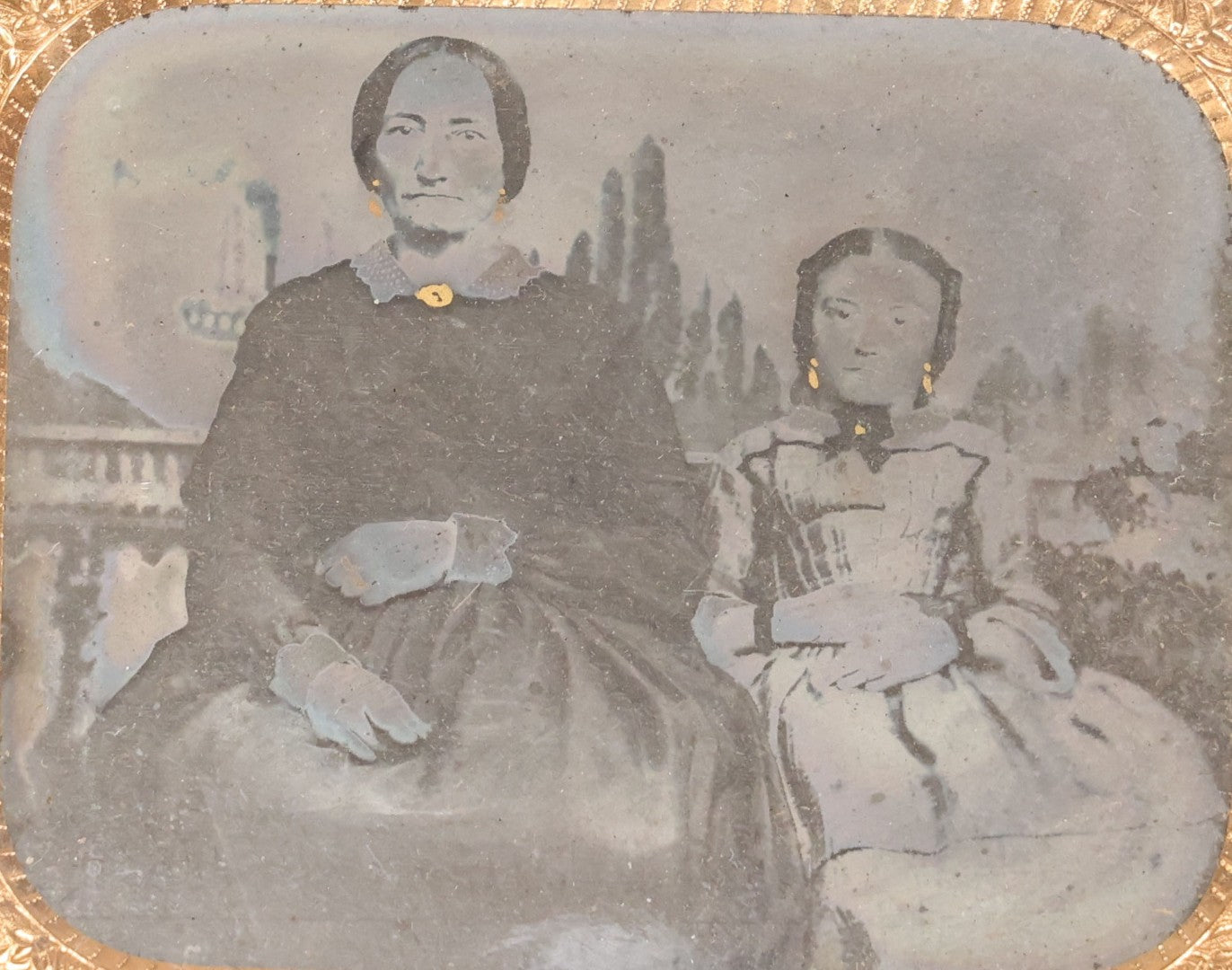Lot 069 - Antique 1/6th Plate Ambrotype Photograph, Mother And Daughter, In Thermoplastic Wall Frame With Hand-Tinted Gold Jewelry