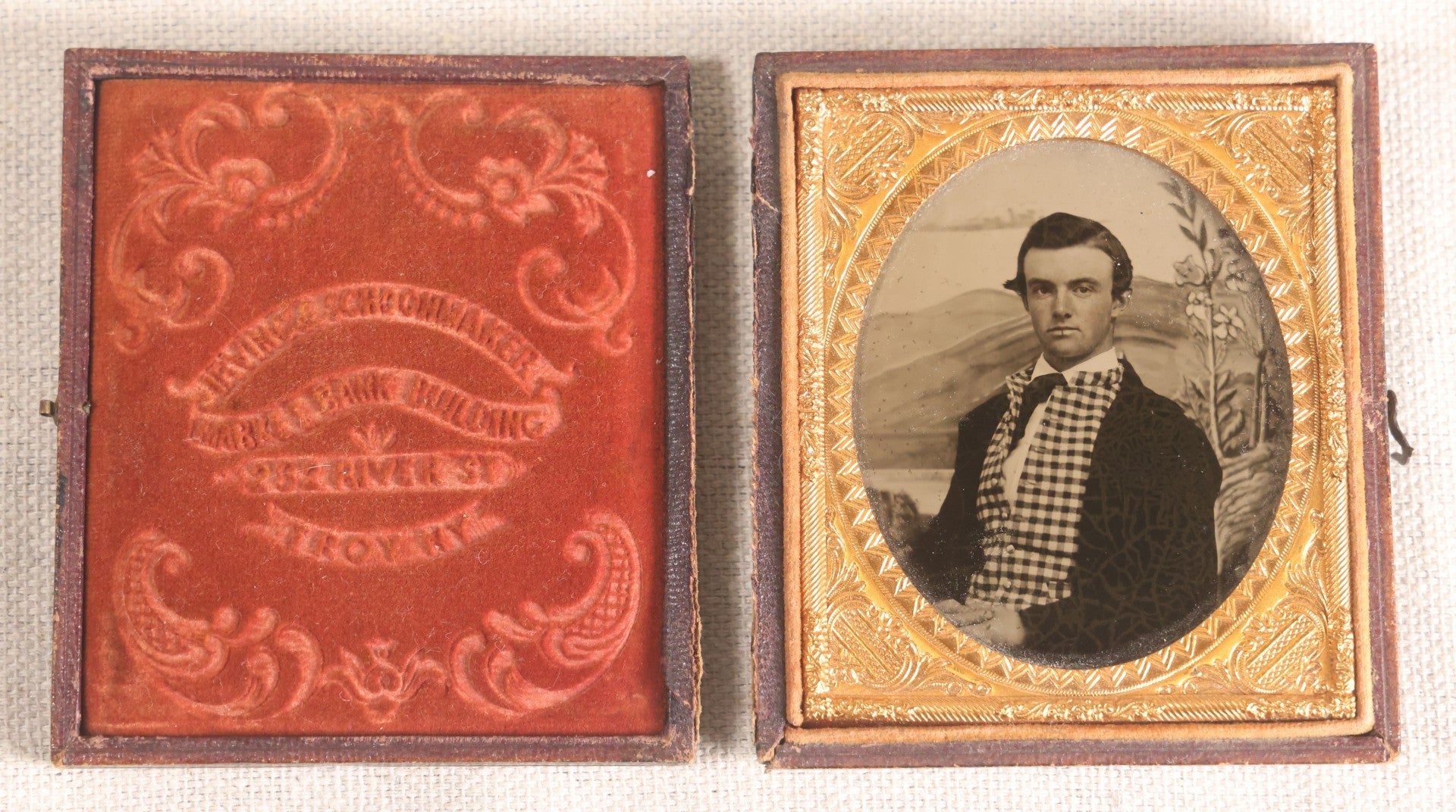 Lot 071 - Antique 1/6th Plate Ambrotype Photograph, Portrait Of A Young Man In Checked Vest, By Irving & Schoonmaker, Troy, New York, In Full Split Leatherette Case