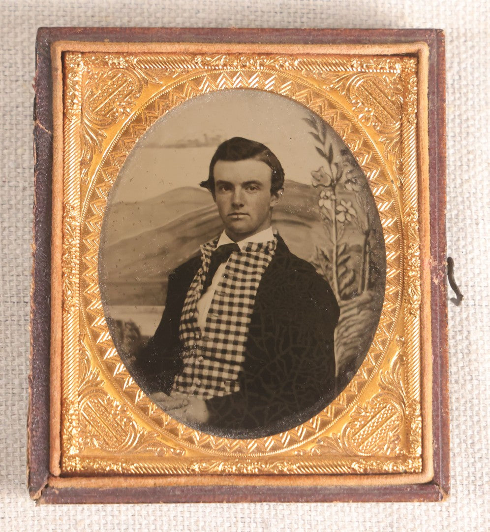 Lot 071 - Antique 1/6th Plate Ambrotype Photograph, Portrait Of A Young Man In Checked Vest, By Irving & Schoonmaker, Troy, New York, In Full Split Leatherette Case