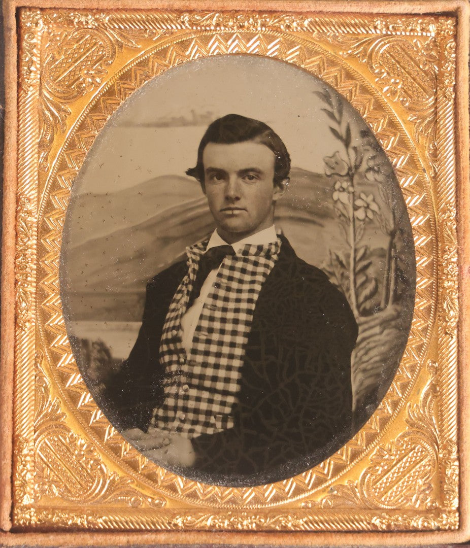Lot 071 - Antique 1/6th Plate Ambrotype Photograph, Portrait Of A Young Man In Checked Vest, By Irving & Schoonmaker, Troy, New York, In Full Split Leatherette Case