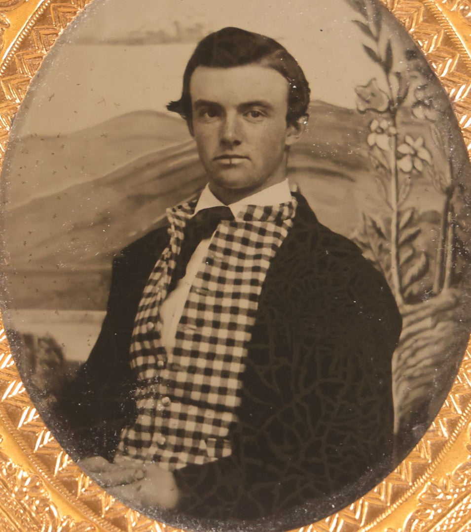 Lot 071 - Antique 1/6th Plate Ambrotype Photograph, Portrait Of A Young Man In Checked Vest, By Irving & Schoonmaker, Troy, New York, In Full Split Leatherette Case