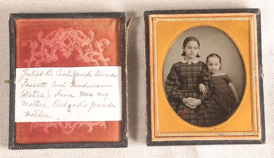 Lot 072 - Antique 1/6th Plate Ambrotype Photograph, Identified Sisters Juliet B. Cook And Anna Fassett Cook Goodman In Plaid Dresses, In Full Split Leatherette Case