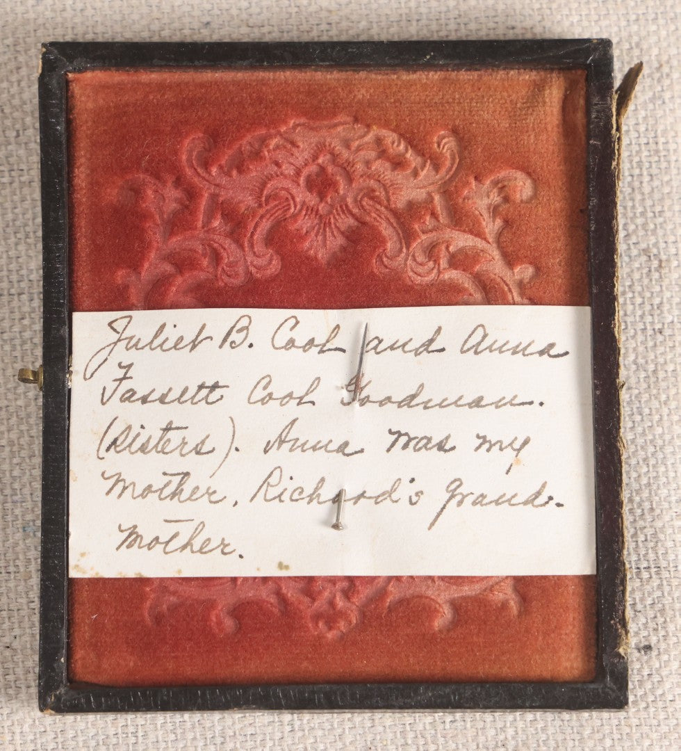 Lot 072 - Antique 1/6th Plate Ambrotype Photograph, Identified Sisters Juliet B. Cook And Anna Fassett Cook Goodman In Plaid Dresses, In Full Split Leatherette Case