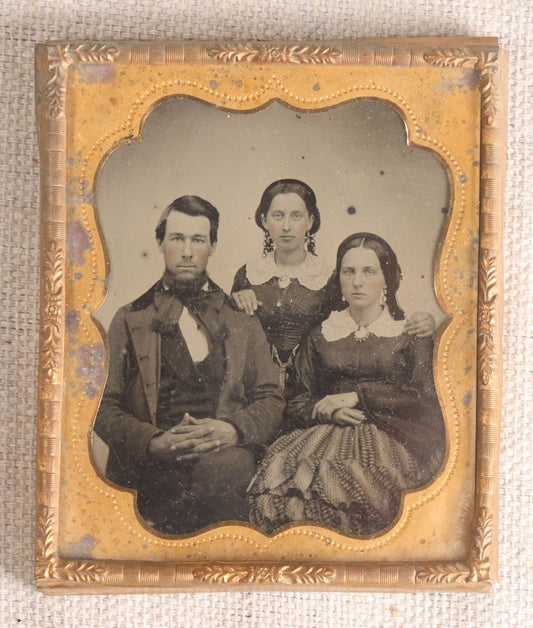 Lot 074 - Antique 1/6th Plate Ruby Ambrotype Photograph, Portrait Of A Young Man And Two Young Women, Uncased