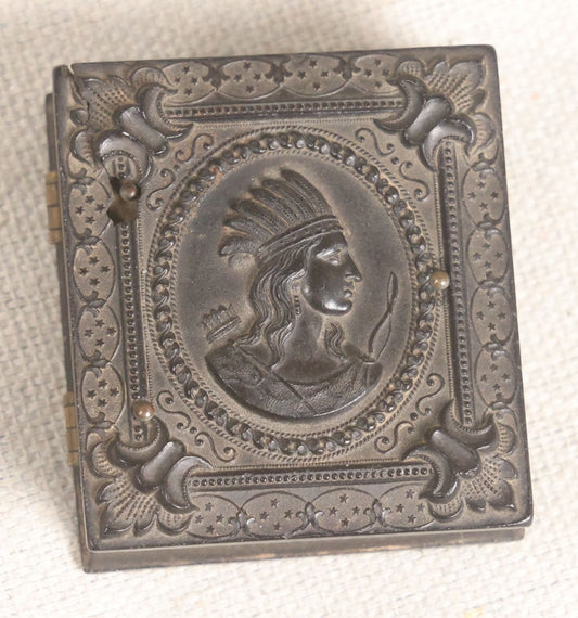 Lot 076 - Antique Thermoplastic Union Case With Native American Profile Bust And Star Border Design, Containing A 1/6th Plate Ambrotype Photograph Of A Young Man, Holmes, Booth & Haydens Label