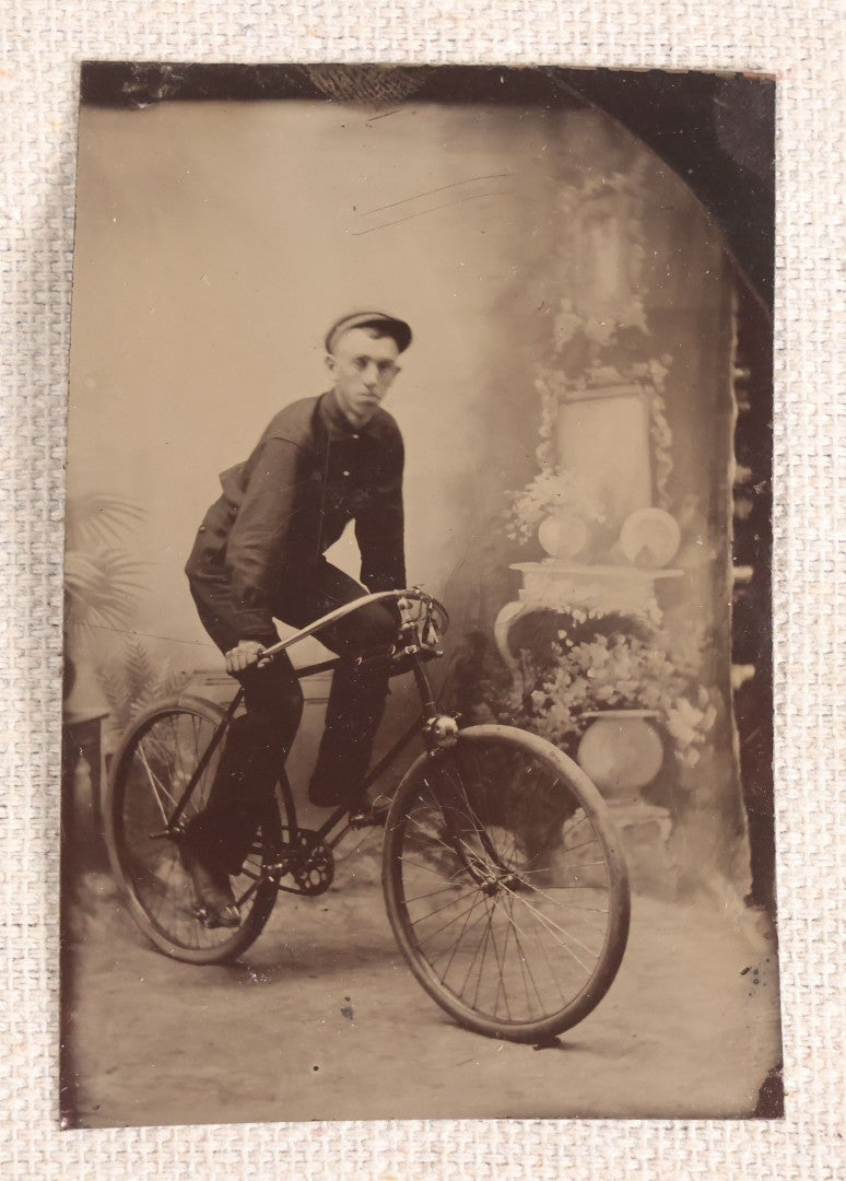 Lot 078 - Antique Tintype Photograph, Portrait Of A Young Man On A Safety Bicycle