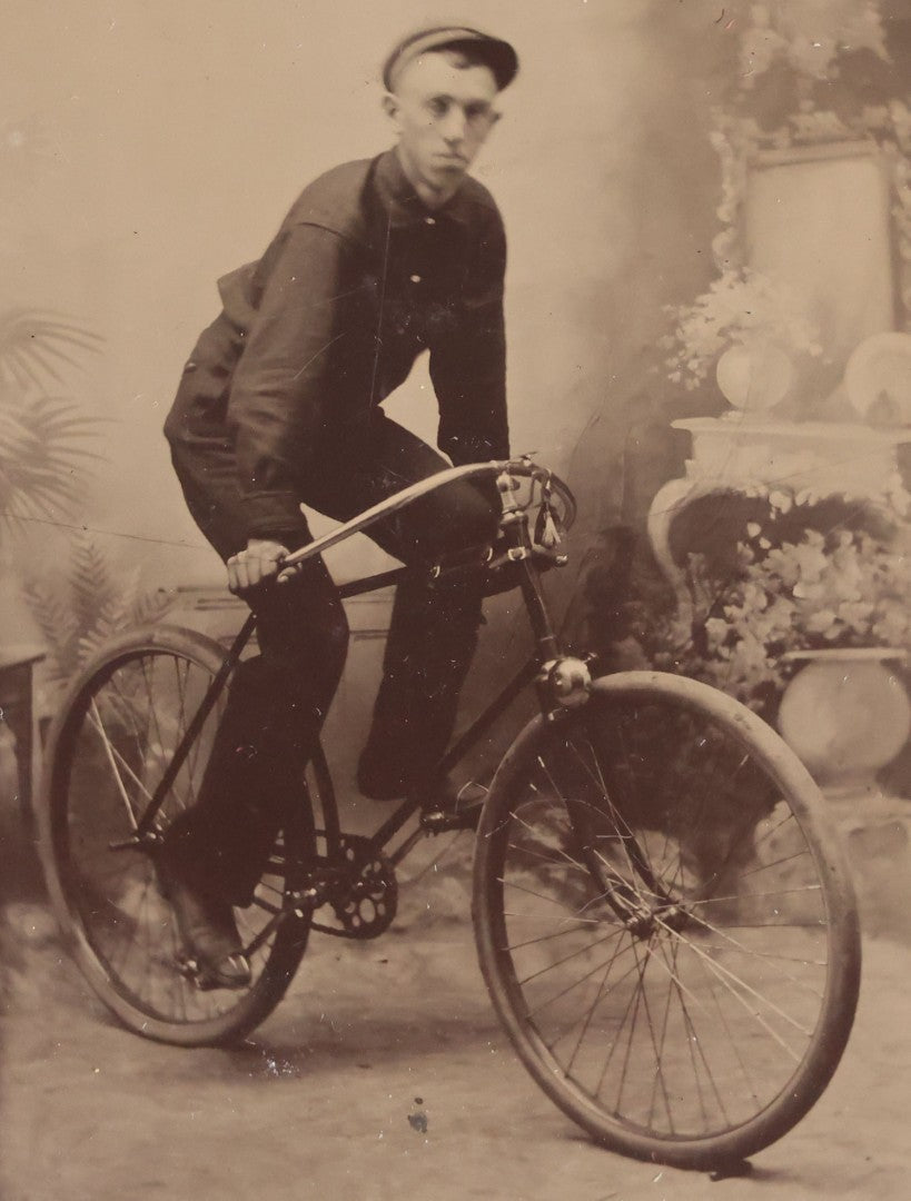 Lot 078 - Antique Tintype Photograph, Portrait Of A Young Man On A Safety Bicycle