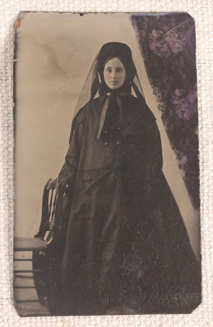 Lot 082 - Antique Tintype Photograph, Full-Length Portrait Of A Woman In Mourning Dress With Veil