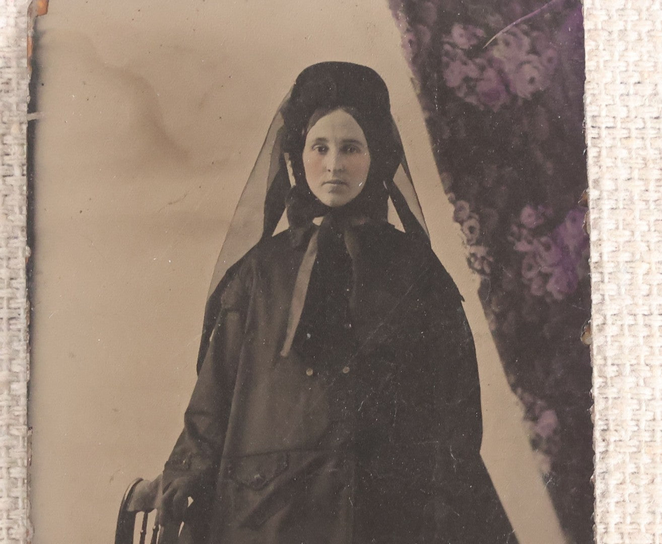 Lot 082 - Antique Tintype Photograph, Full-Length Portrait Of A Woman In Mourning Dress With Veil