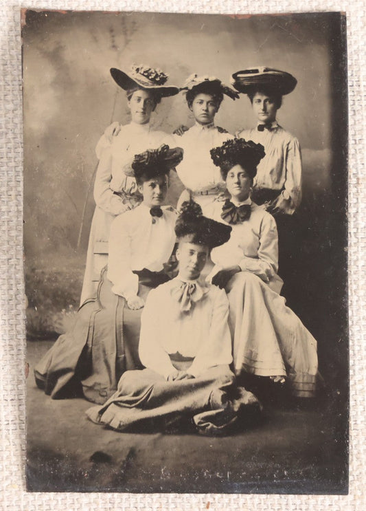 Lot 083 - Antique Tintype Photograph, Group Portrait Of Six Young Women In Decorated Hats And White Blouses