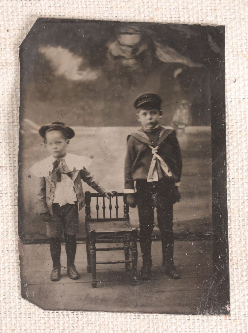 Lot 084 - Antique Tintype Photograph, Portrait Of Two Young Boys With Chair, Dressed In Sailor Suits
