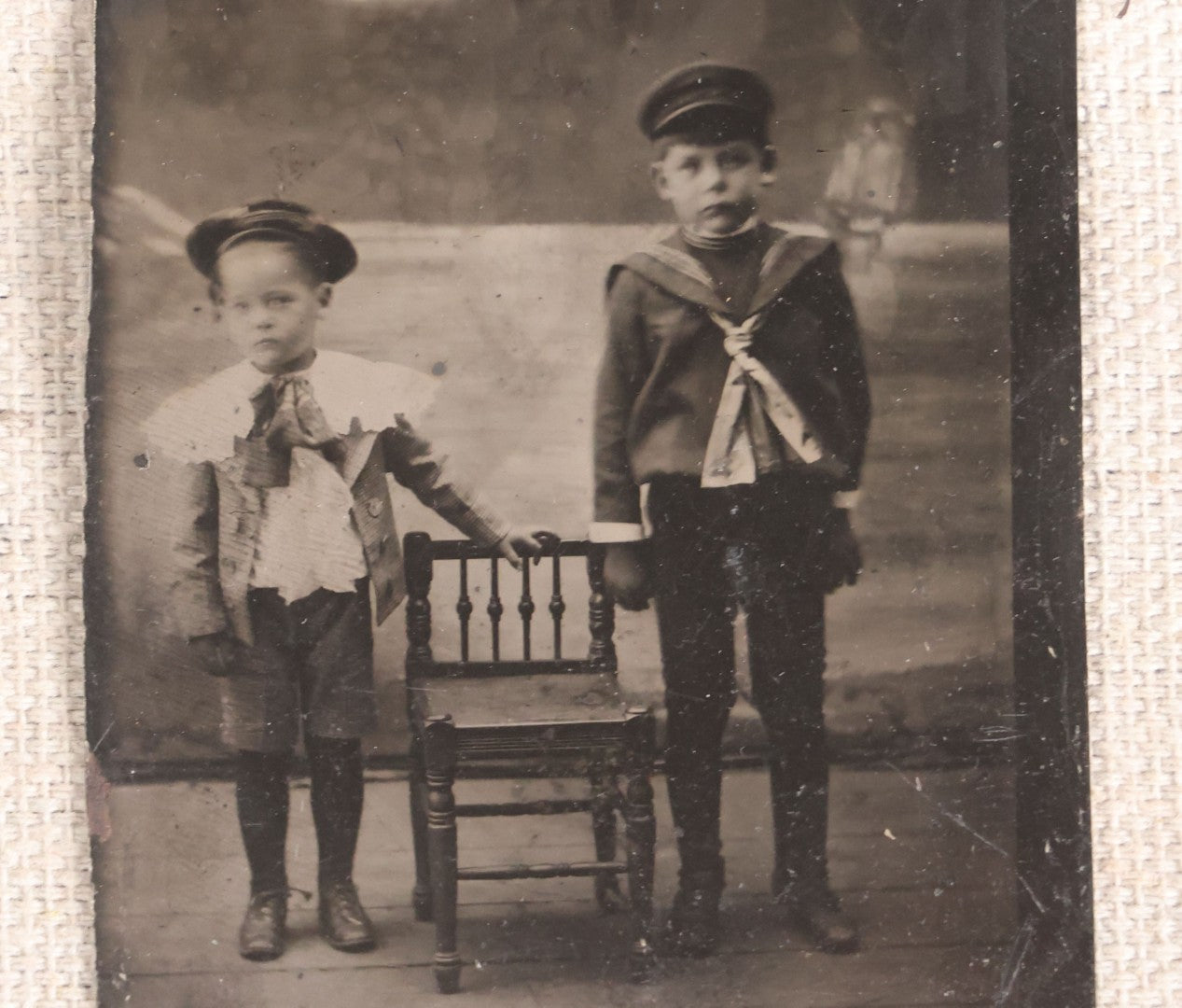 Lot 084 - Antique Tintype Photograph, Portrait Of Two Young Boys With Chair, Dressed In Sailor Suits