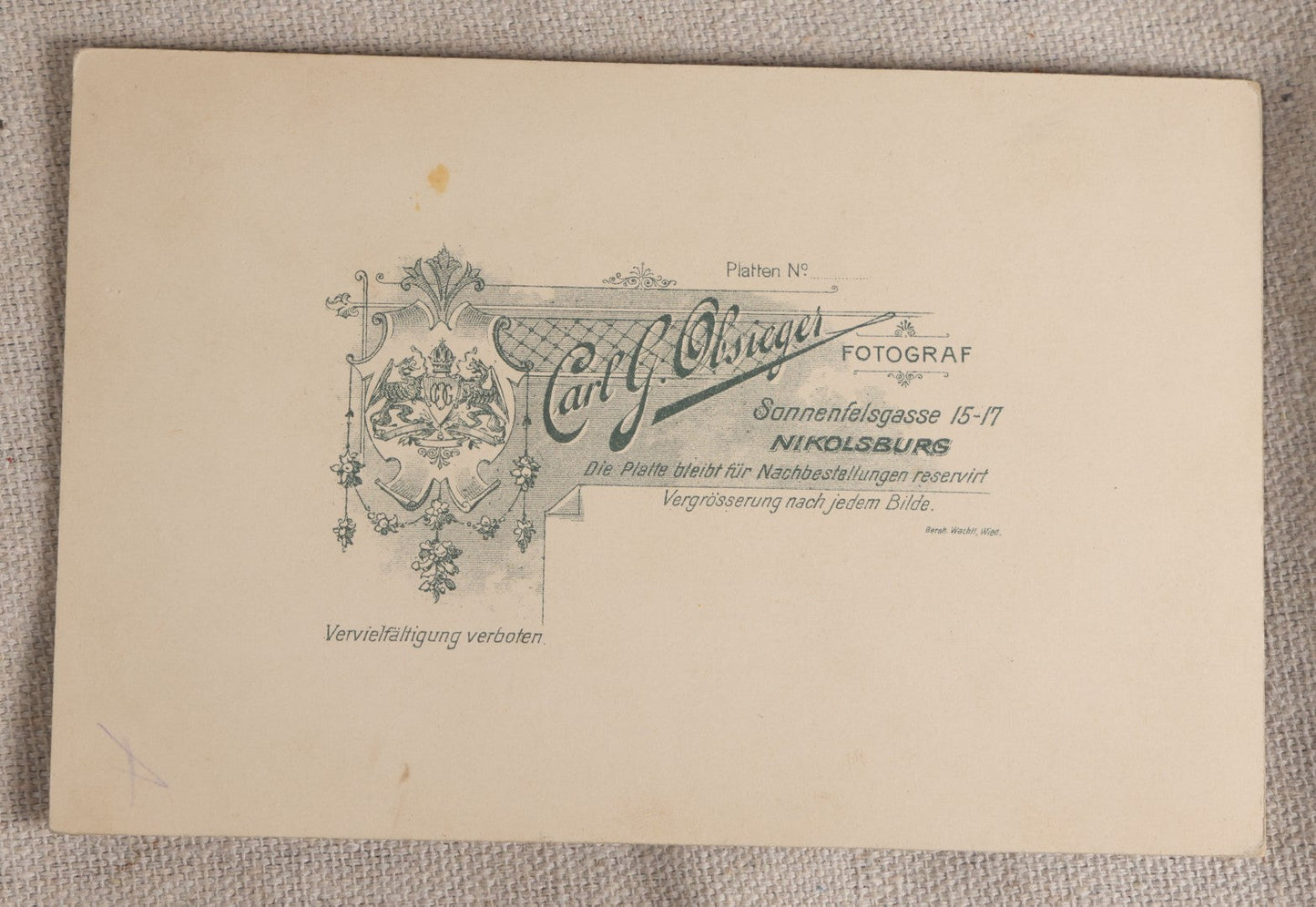Lot 087 - Antique Cabinet Card Photograph Of A Man On A Bicycle, Photographed By C. G. Obsieger, Nikolsburg