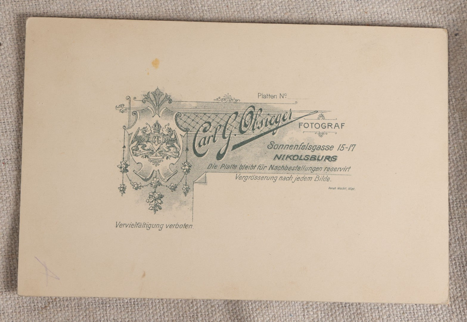 Lot 087 - Antique Cabinet Card Photograph Of A Man On A Bicycle, Photographed By C. G. Obsieger, Nikolsburg