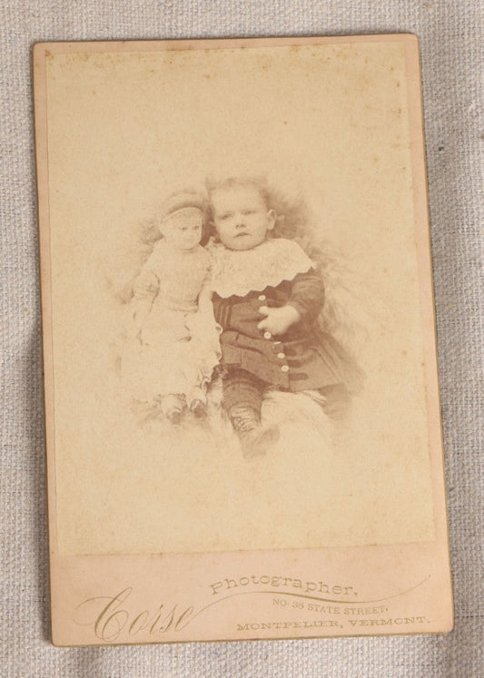 Lot 088 - Antique Cabinet Card Photograph Of A Young Boy With A Doll, Photographed By Corse, Montpelier, Vermont