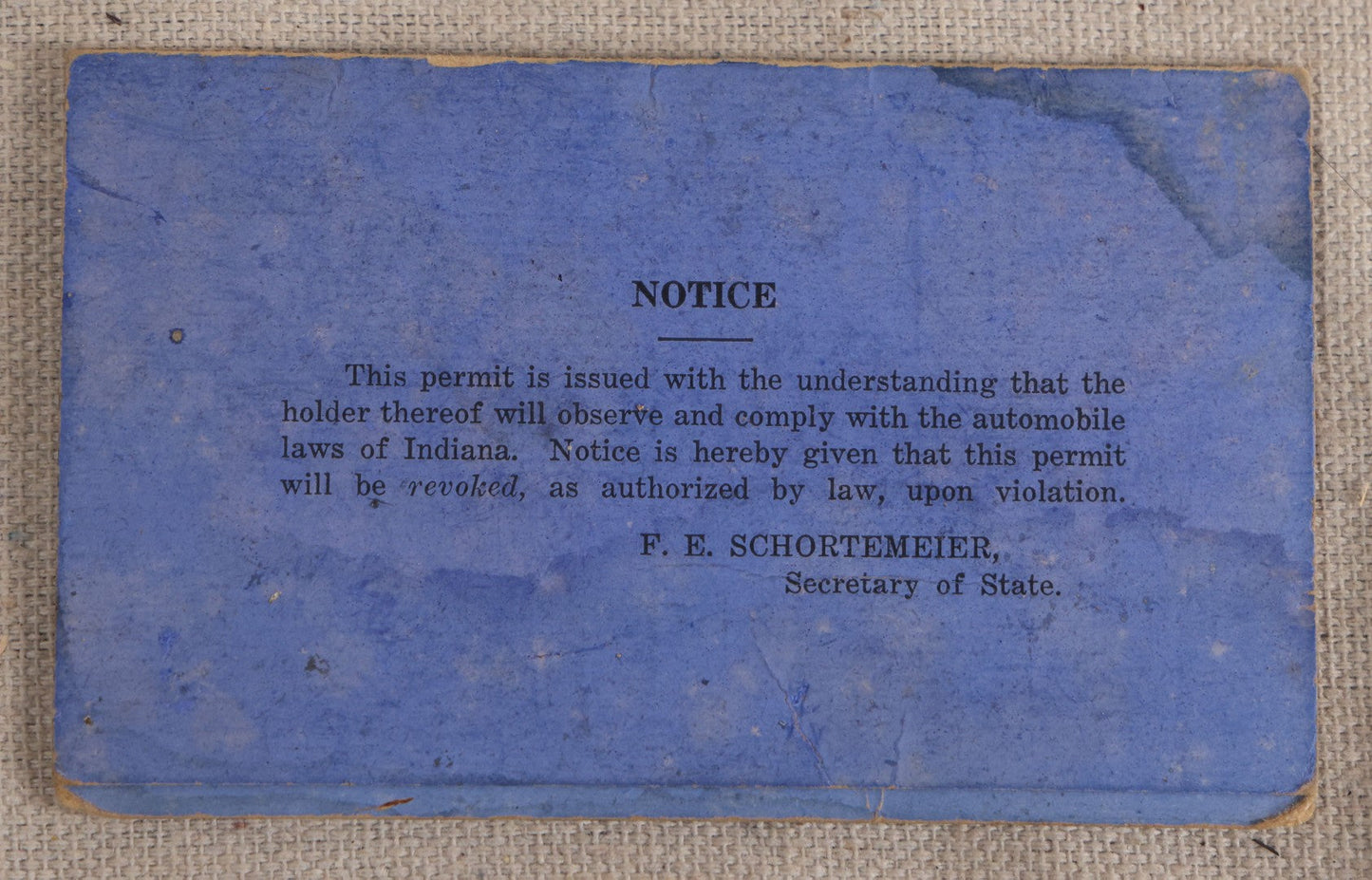 Lot 092 - Vintage 1927 Indiana Chauffeur's License With Circle-Cut Photograph Of Philip C. Malcote, Facsimile Signature Of F. E. Schortemeier, Secretary Of State