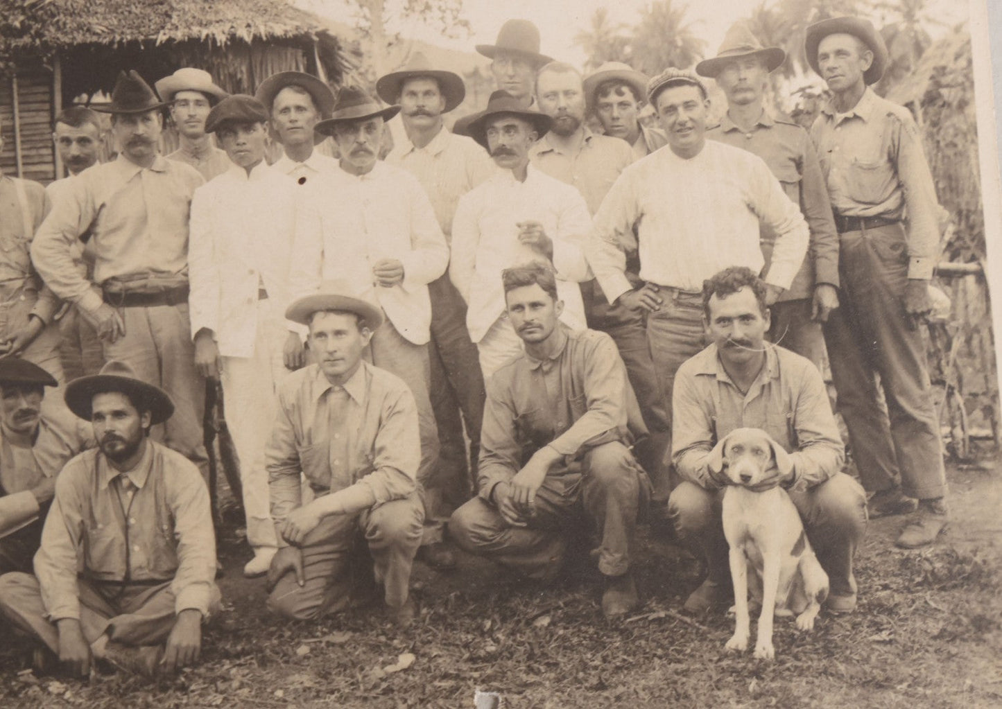 Lot 096 - Antique Board-Mounted Photograph Of A Group Of Men In A Tropical Setting With A Dog
