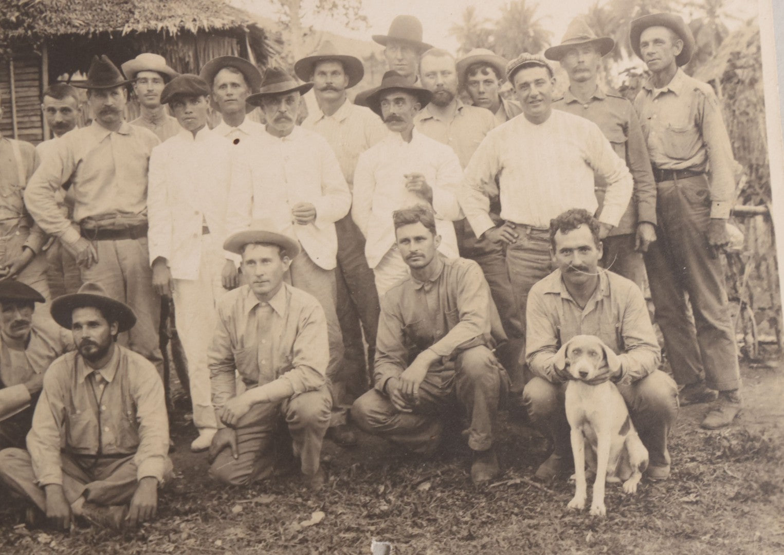 Lot 096 - Antique Board-Mounted Photograph Of A Group Of Men In A Tropical Setting With A Dog