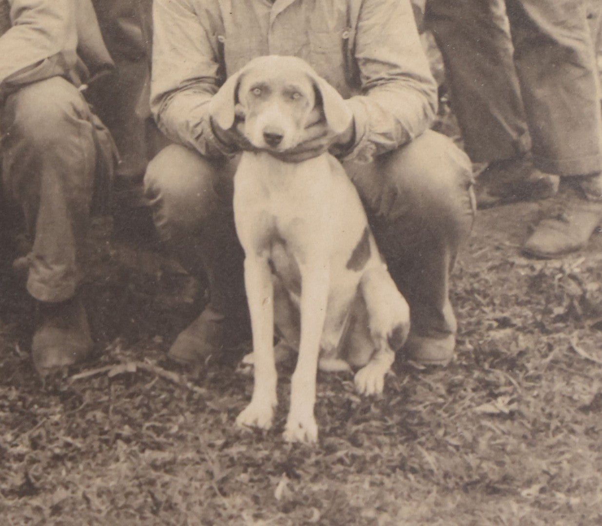 Lot 096 - Antique Board-Mounted Photograph Of A Group Of Men In A Tropical Setting With A Dog
