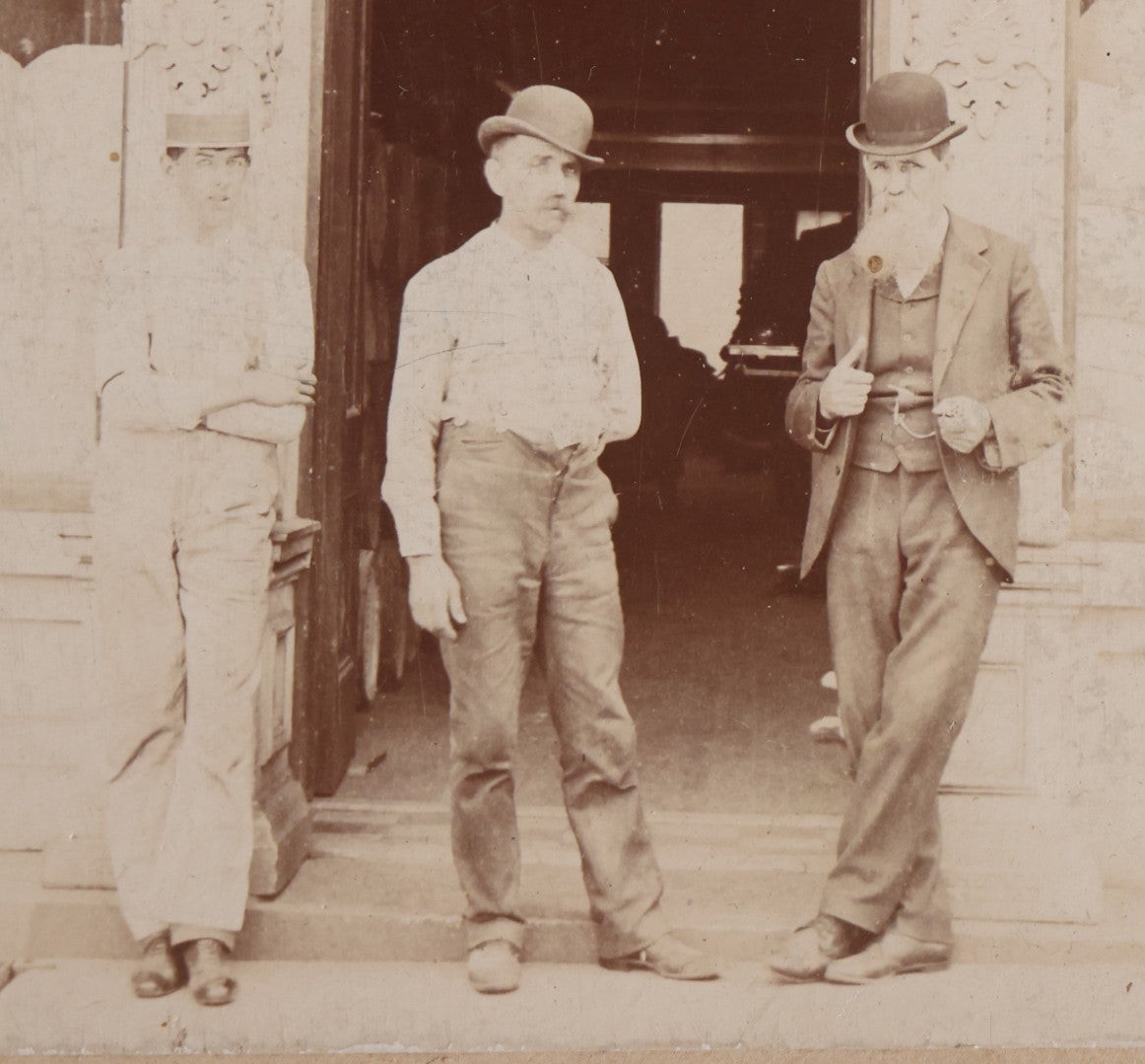 Lot 097 - Antique Cabinet Card Occupational Photograph Of Three Men Standing In A Commercial Storefront Doorway
