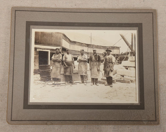 Lot 098 - Antique Board-Mounted Occupational Photograph Of Five Quarry Workers In Aprons, Inscribed Concord, New Hampshire Quarry