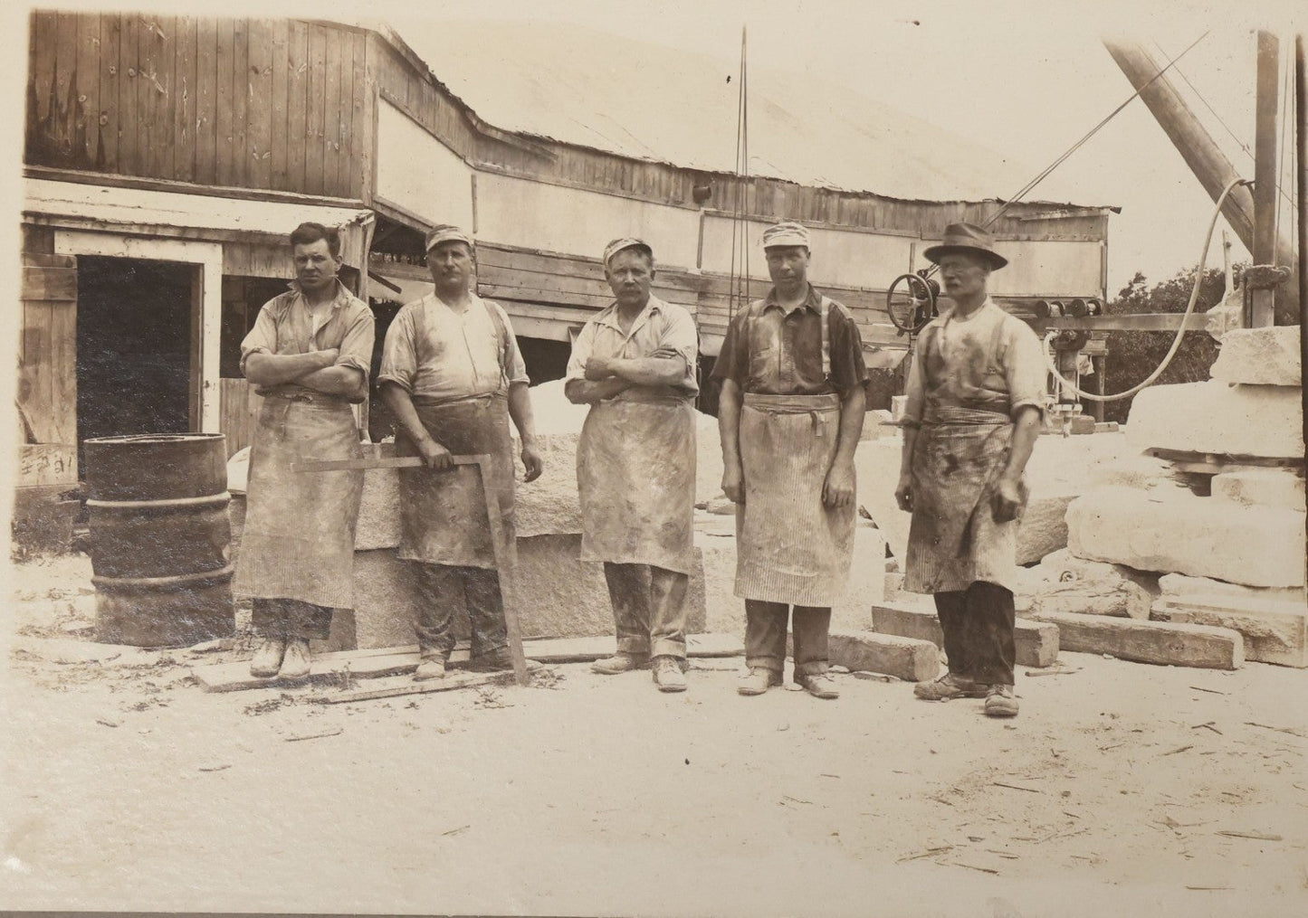 Lot 098 - Antique Board-Mounted Occupational Photograph Of Five Quarry Workers In Aprons, Inscribed Concord, New Hampshire Quarry