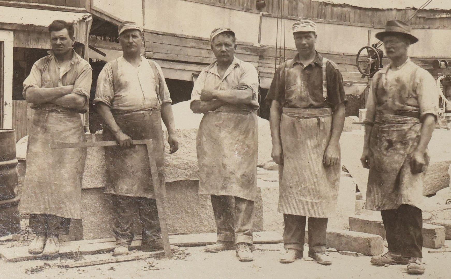 Lot 098 - Antique Board-Mounted Occupational Photograph Of Five Quarry Workers In Aprons, Inscribed Concord, New Hampshire Quarry
