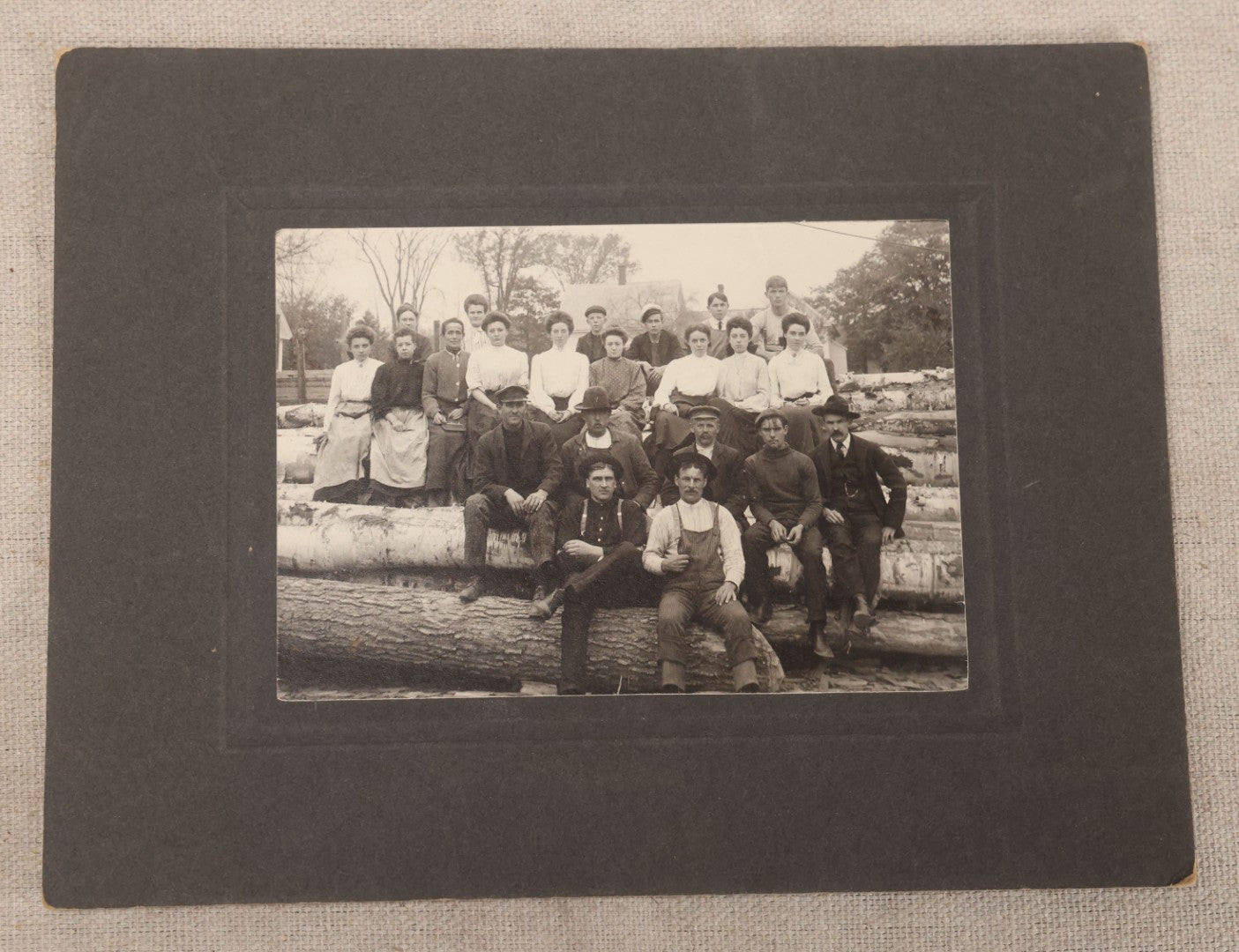 Lot 099 - Antique Board-Mounted Occupational Photograph Of A Lumber Crew, Men And Women Posed On Stacked Logs