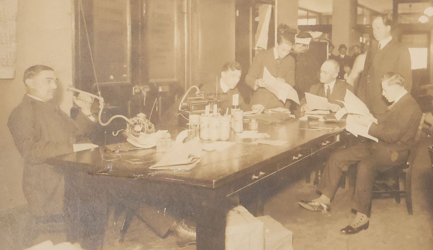 Lot 100 - Antique Board-Mounted Occupational Photograph Of An Office Interior With Wax Cylinder Dictating Machines, Zurich Insurance Sign On Door