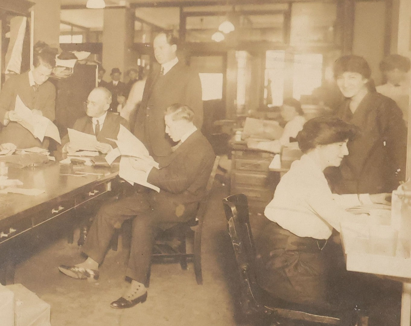 Lot 100 - Antique Board-Mounted Occupational Photograph Of An Office Interior With Wax Cylinder Dictating Machines, Zurich Insurance Sign On Door