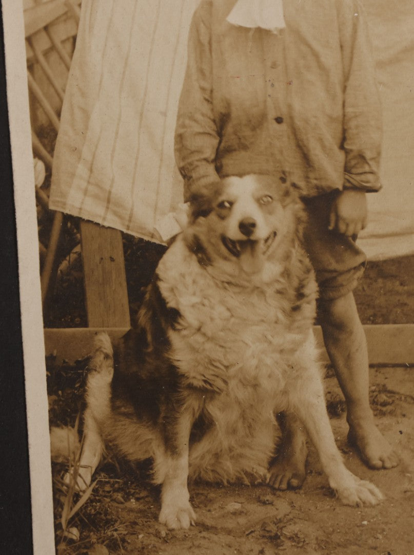 Lot 103 - Antique Board-Mounted Photograph Of A Barefoot Boy With A Dog