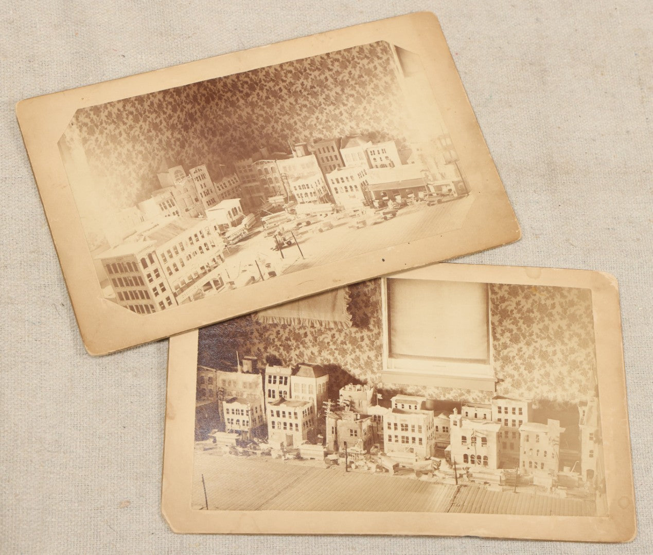 Lot 106 - Pair Of Antique Boudoir-Size Cabinet Card Photographs Of A Handmade Miniature Model City With "South Newton" Trolley, "The Grand" Theater, Masonic Lodge, And "United States Brewing Co." Building, Snow & McDermott, Cambridge, Massachusetts