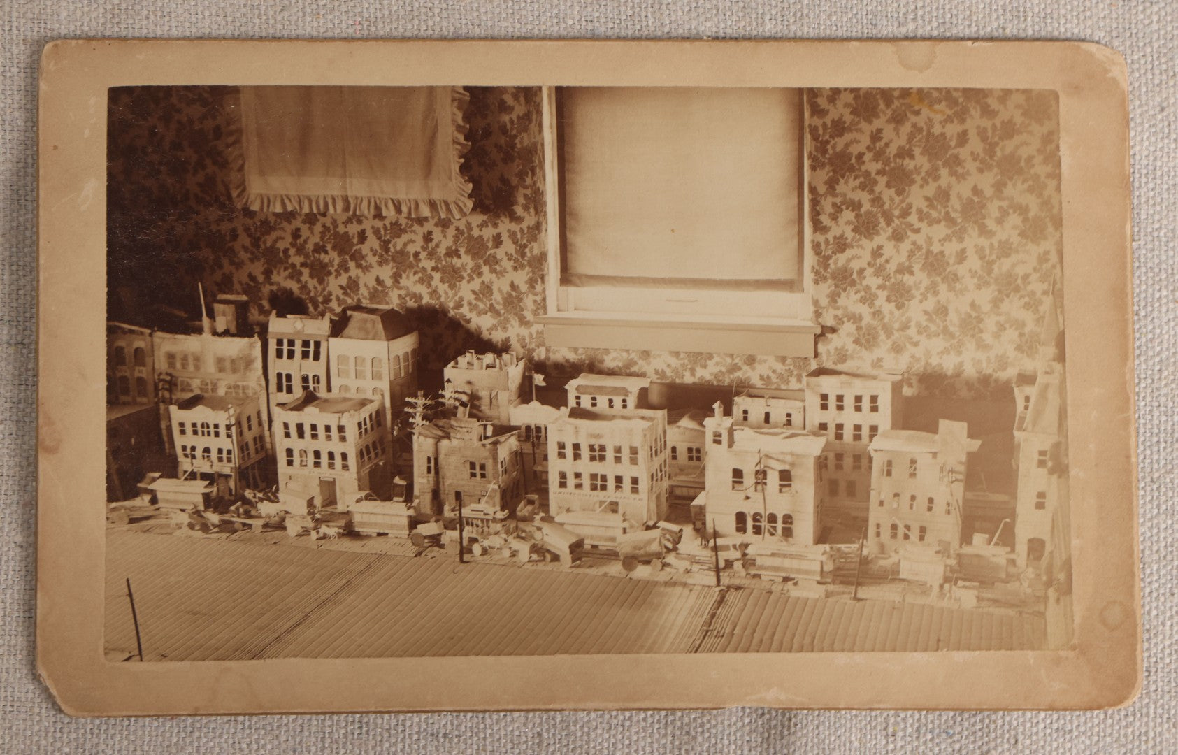 Lot 106 - Pair Of Antique Boudoir-Size Cabinet Card Photographs Of A Handmade Miniature Model City With "South Newton" Trolley, "The Grand" Theater, Masonic Lodge, And "United States Brewing Co." Building, Snow & McDermott, Cambridge, Massachusetts