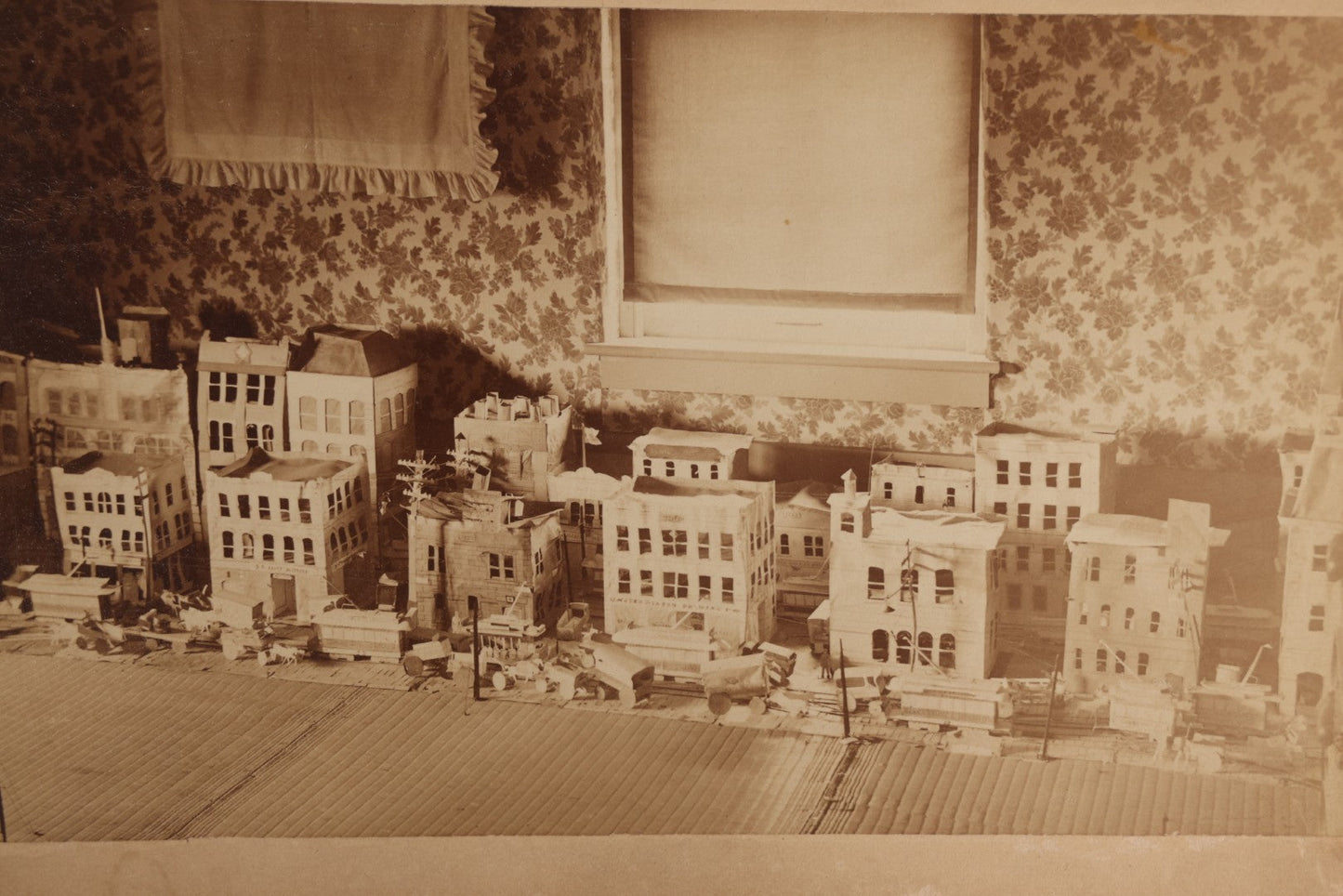 Lot 106 - Pair Of Antique Boudoir-Size Cabinet Card Photographs Of A Handmade Miniature Model City With "South Newton" Trolley, "The Grand" Theater, Masonic Lodge, And "United States Brewing Co." Building, Snow & McDermott, Cambridge, Massachusetts