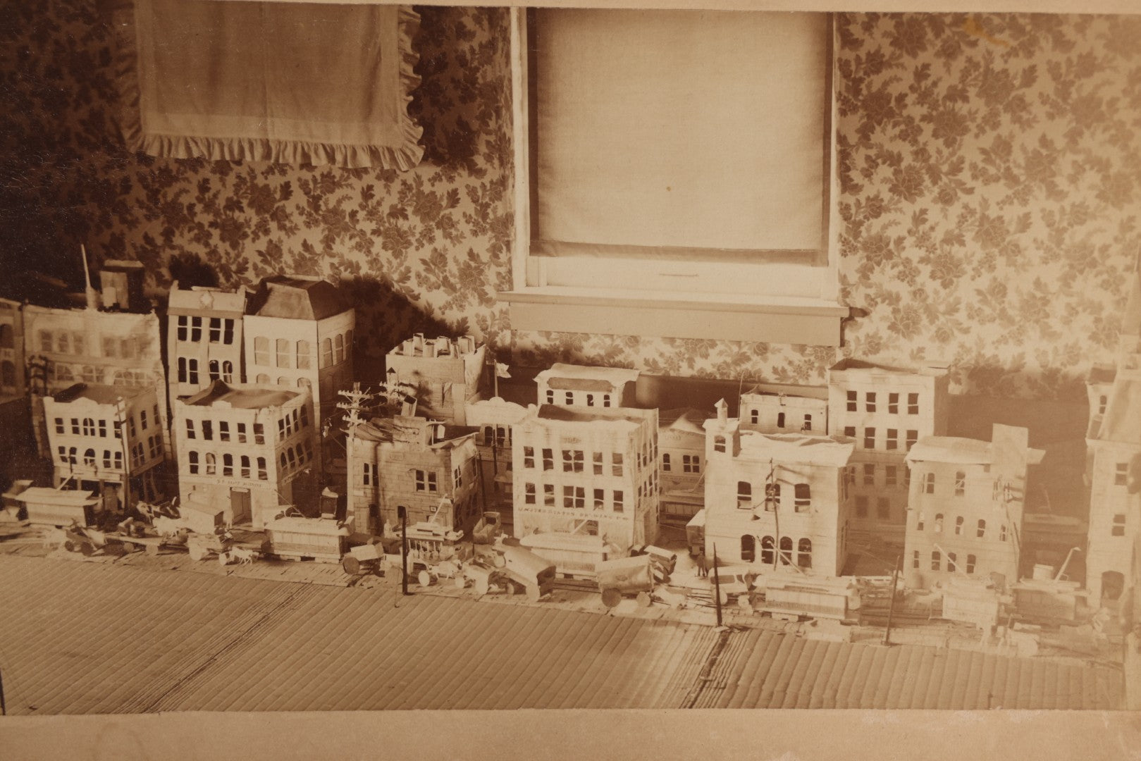 Lot 106 - Pair Of Antique Boudoir-Size Cabinet Card Photographs Of A Handmade Miniature Model City With "South Newton" Trolley, "The Grand" Theater, Masonic Lodge, And "United States Brewing Co." Building, Snow & McDermott, Cambridge, Massachusetts