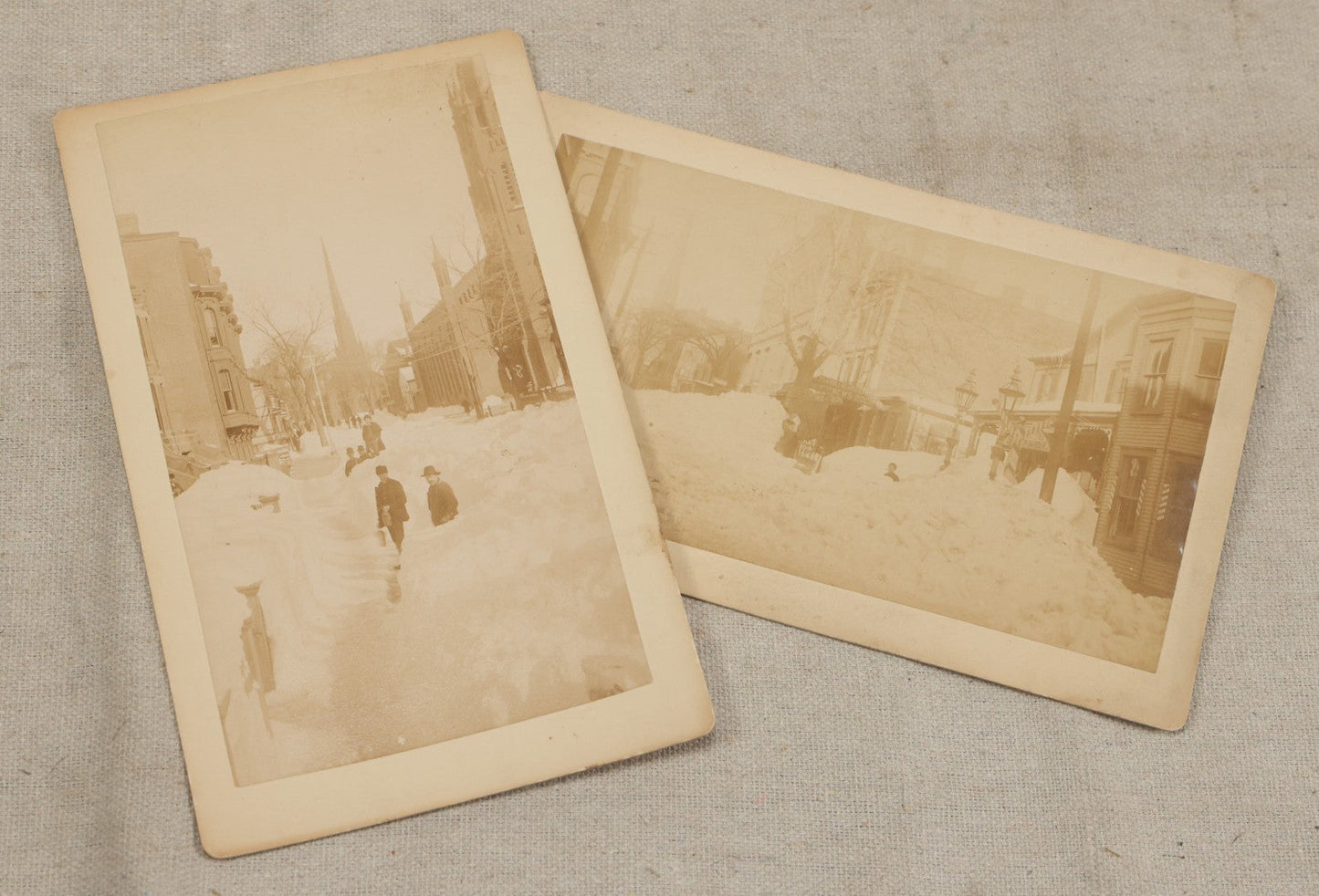 Lot 107 - Pair Of Antique Cabinet Card Photographs Of Bridgeport, Connecticut Streets During The Great Blizzard Of 1888, Including Bank Street, Photographed By Bronson's Photograph Gallery