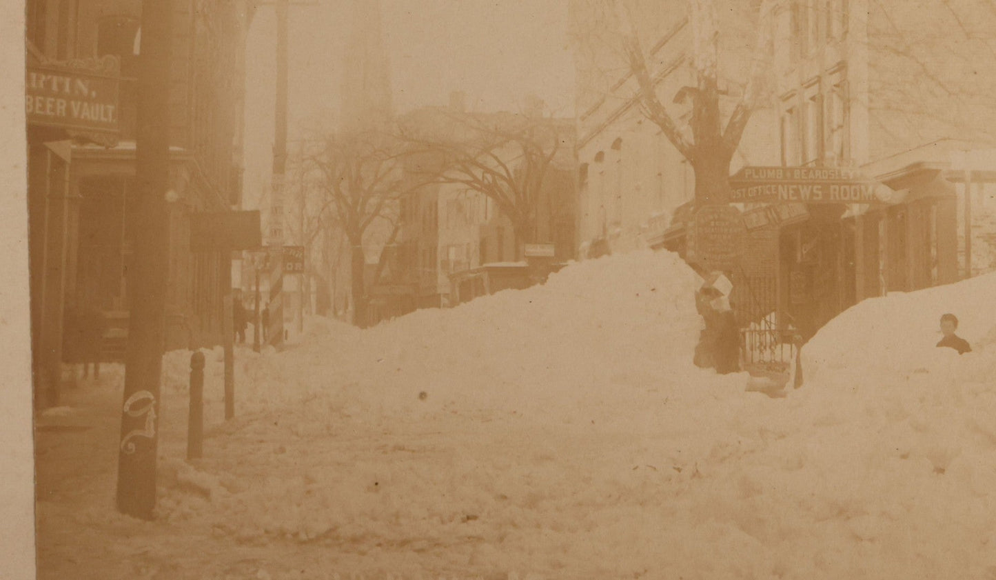 Lot 107 - Pair Of Antique Cabinet Card Photographs Of Bridgeport, Connecticut Streets During The Great Blizzard Of 1888, Including Bank Street, Photographed By Bronson's Photograph Gallery