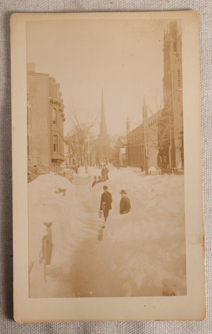 Lot 107 - Pair Of Antique Cabinet Card Photographs Of Bridgeport, Connecticut Streets During The Great Blizzard Of 1888, Including Bank Street, Photographed By Bronson's Photograph Gallery