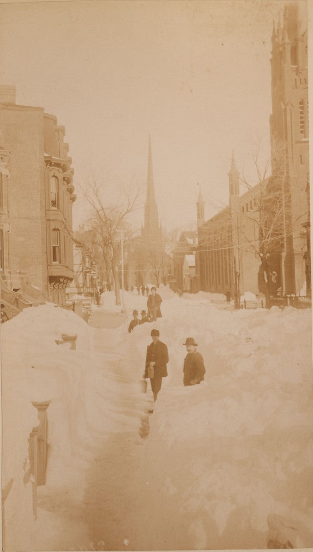 Lot 107 - Pair Of Antique Cabinet Card Photographs Of Bridgeport, Connecticut Streets During The Great Blizzard Of 1888, Including Bank Street, Photographed By Bronson's Photograph Gallery