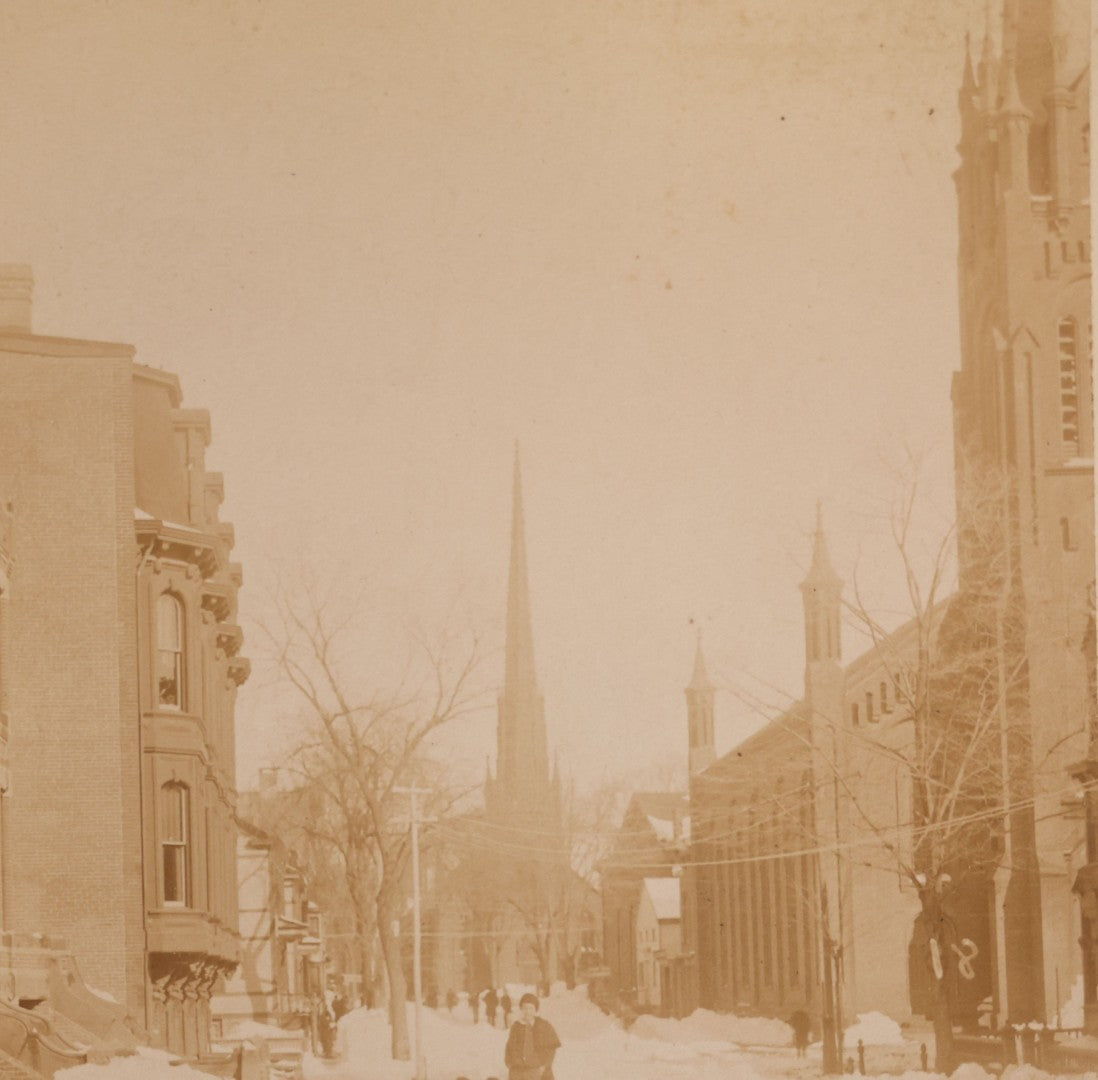 Lot 107 - Pair Of Antique Cabinet Card Photographs Of Bridgeport, Connecticut Streets During The Great Blizzard Of 1888, Including Bank Street, Photographed By Bronson's Photograph Gallery
