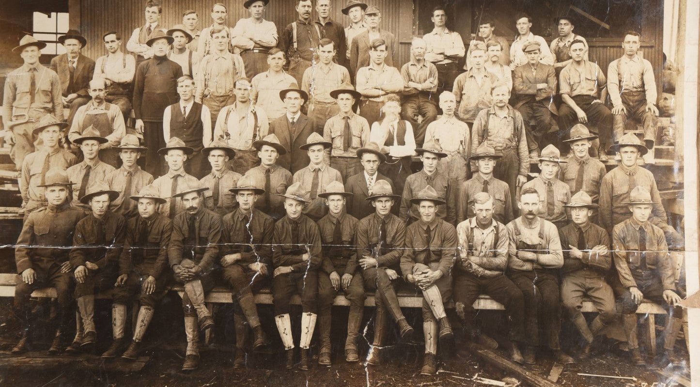Lot 110 - Antique Board-Mounted 1918 Photograph Of World War I Soldiers And Workers, Photographed By Kinsey Photo, Seattle