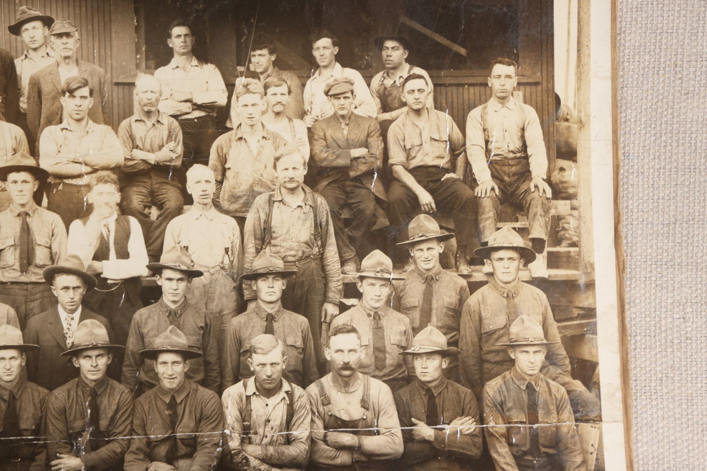 Lot 110 - Antique Board-Mounted 1918 Photograph Of World War I Soldiers And Workers, Photographed By Kinsey Photo, Seattle