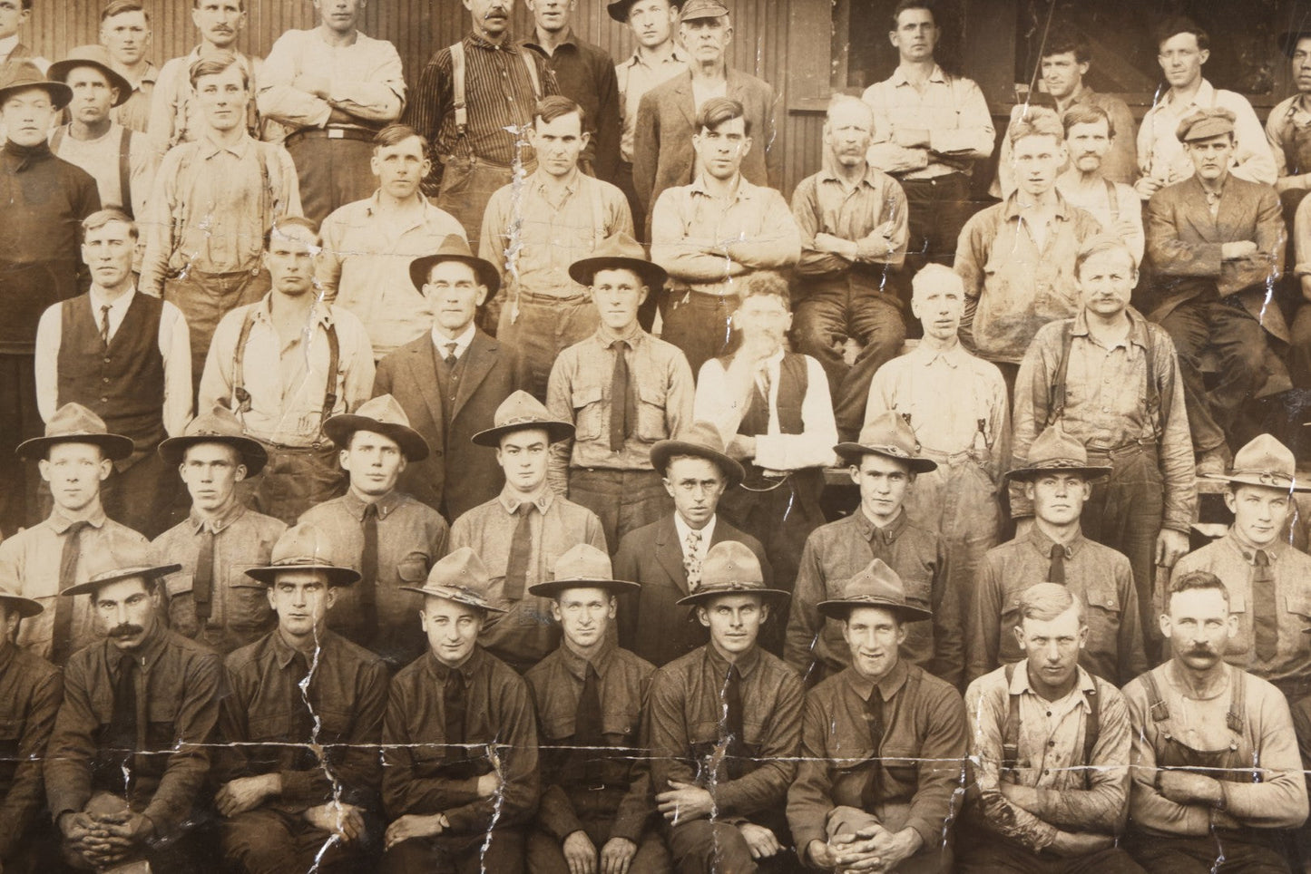Lot 110 - Antique Board-Mounted 1918 Photograph Of World War I Soldiers And Workers, Photographed By Kinsey Photo, Seattle