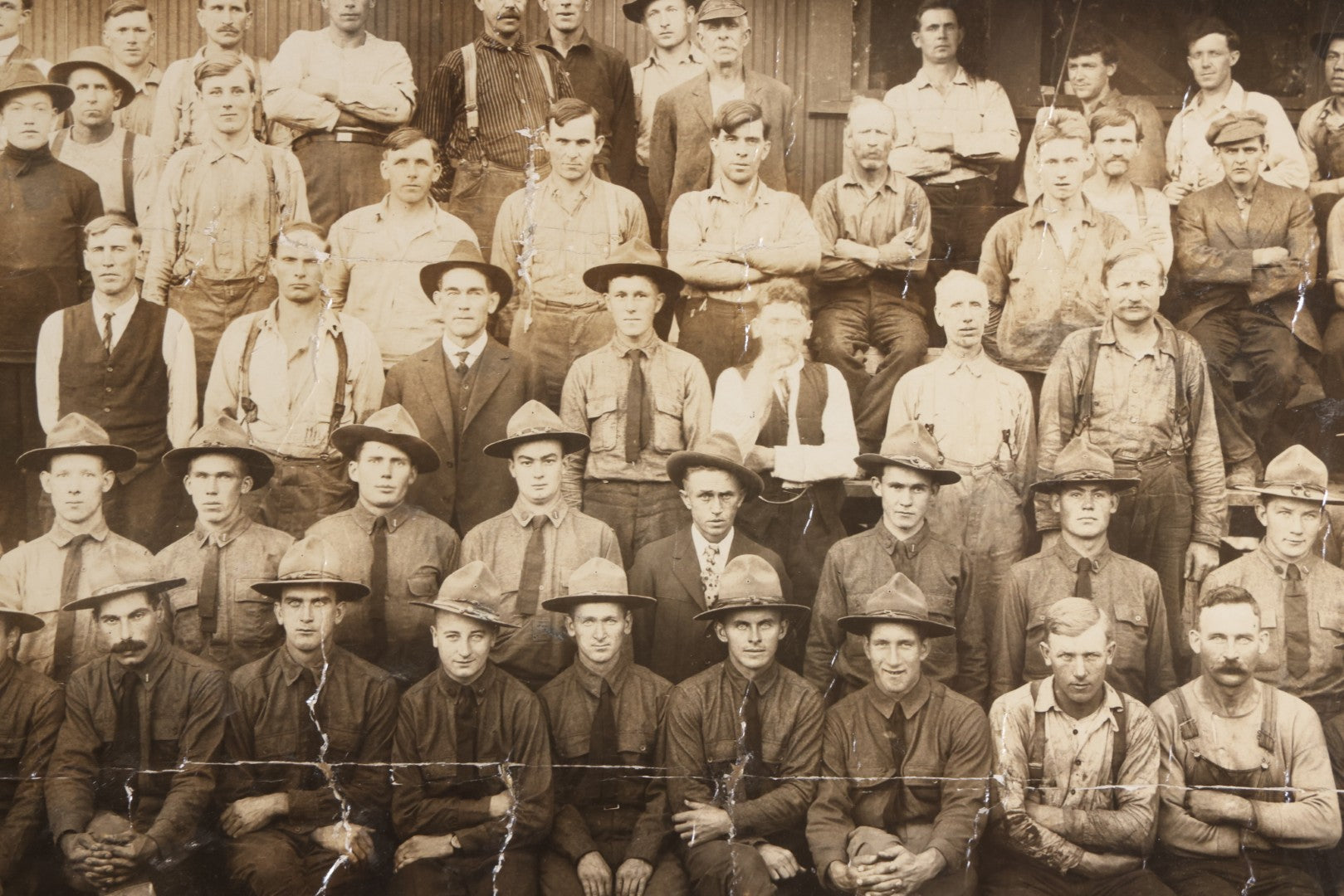 Lot 110 - Antique Board-Mounted 1918 Photograph Of World War I Soldiers And Workers, Photographed By Kinsey Photo, Seattle