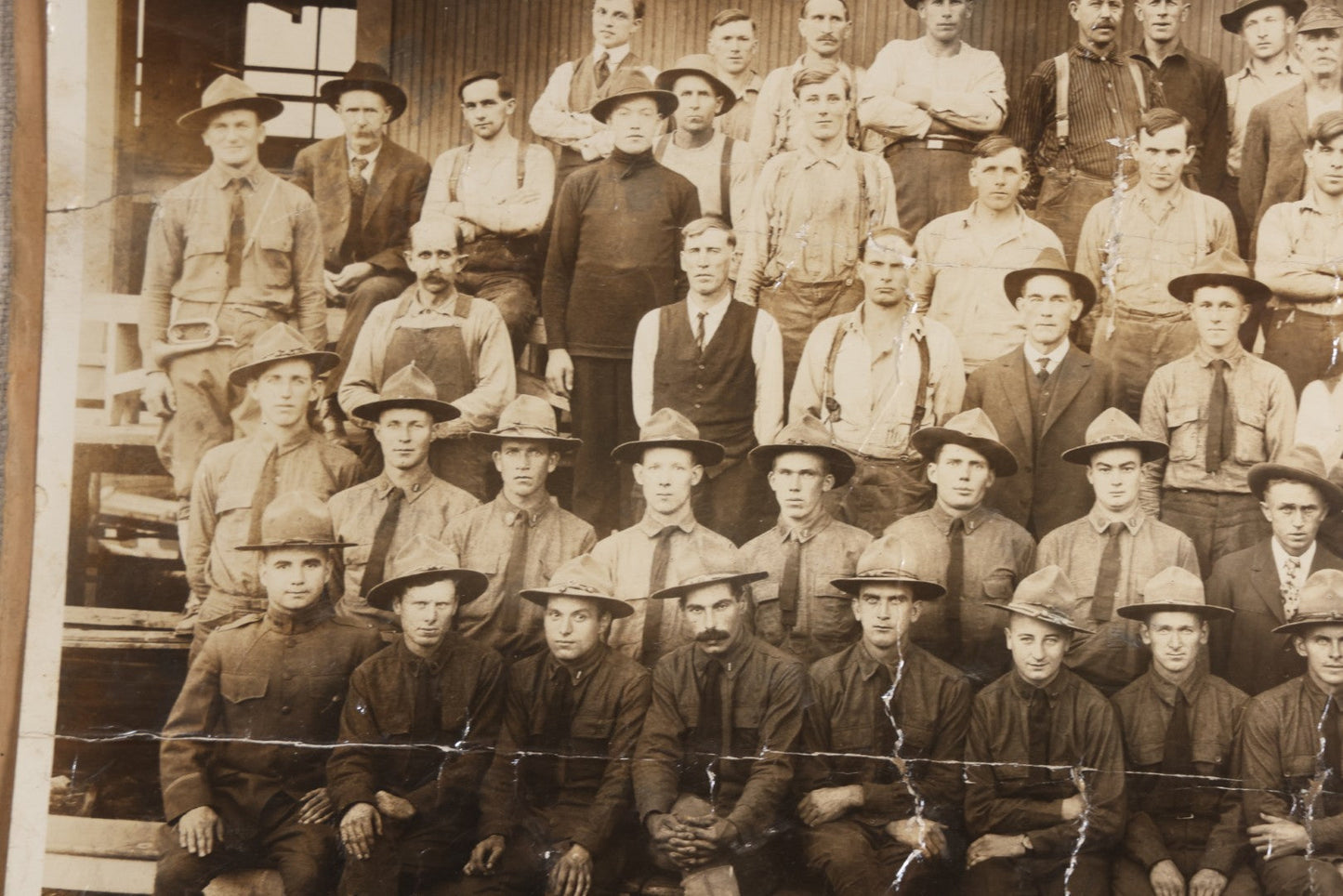 Lot 110 - Antique Board-Mounted 1918 Photograph Of World War I Soldiers And Workers, Photographed By Kinsey Photo, Seattle