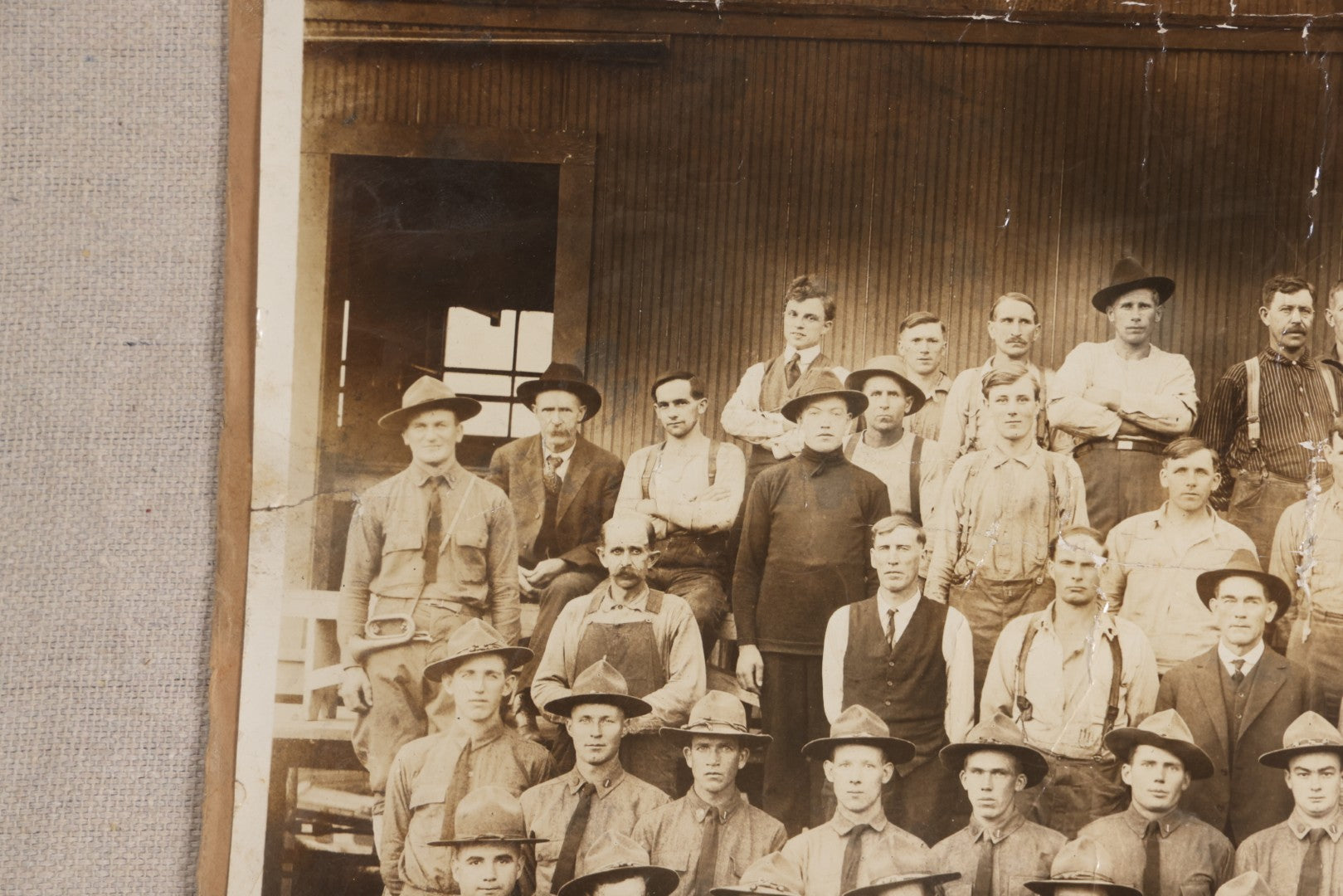 Lot 110 - Antique Board-Mounted 1918 Photograph Of World War I Soldiers And Workers, Photographed By Kinsey Photo, Seattle