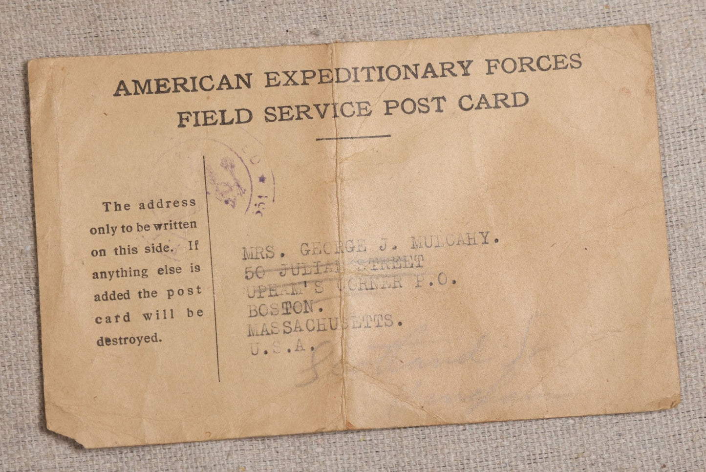 Lot 111 - Grouping Of 25 World War I Era Postcards, Mostly R.P.P.C.., From George F.A. Mulcahy, Including Training Scenes At Plattsburgh And Camp Devens, Barracks Interior, Rifle Training, Map Reading, And Marching